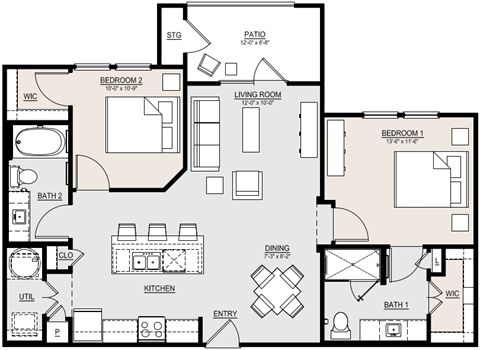 Floor plan for 2 beds, 2 baths, 1004 sqft